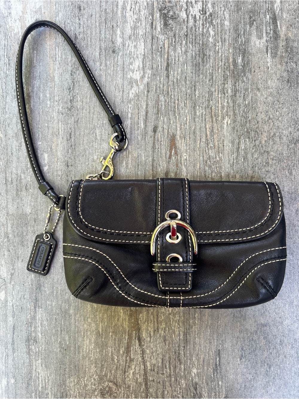 Coach Soho Black Leather Wristlet with Buckle Accent